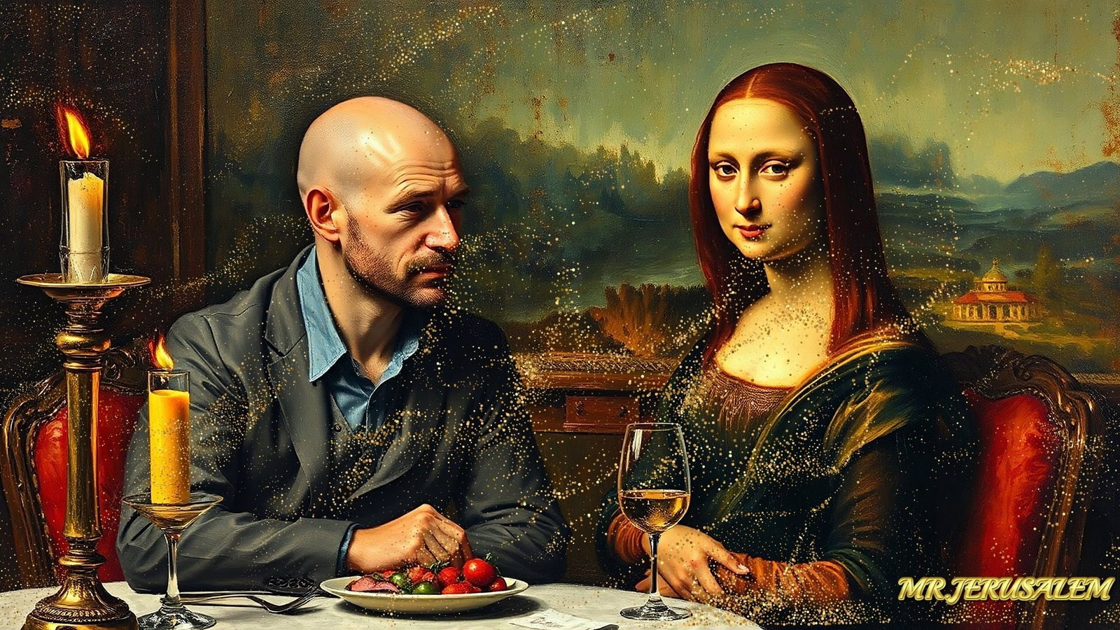 Jackson Pollock - Dinner With Mona Lisa-D2, Limited Edition of 50 Pieces, Signed & Numbered: Please note the images you see here for the artworks is protected with artist name in gold & gold glitter watermark. The original artworks will be unique and one-of-a-kind, hand painted with glue