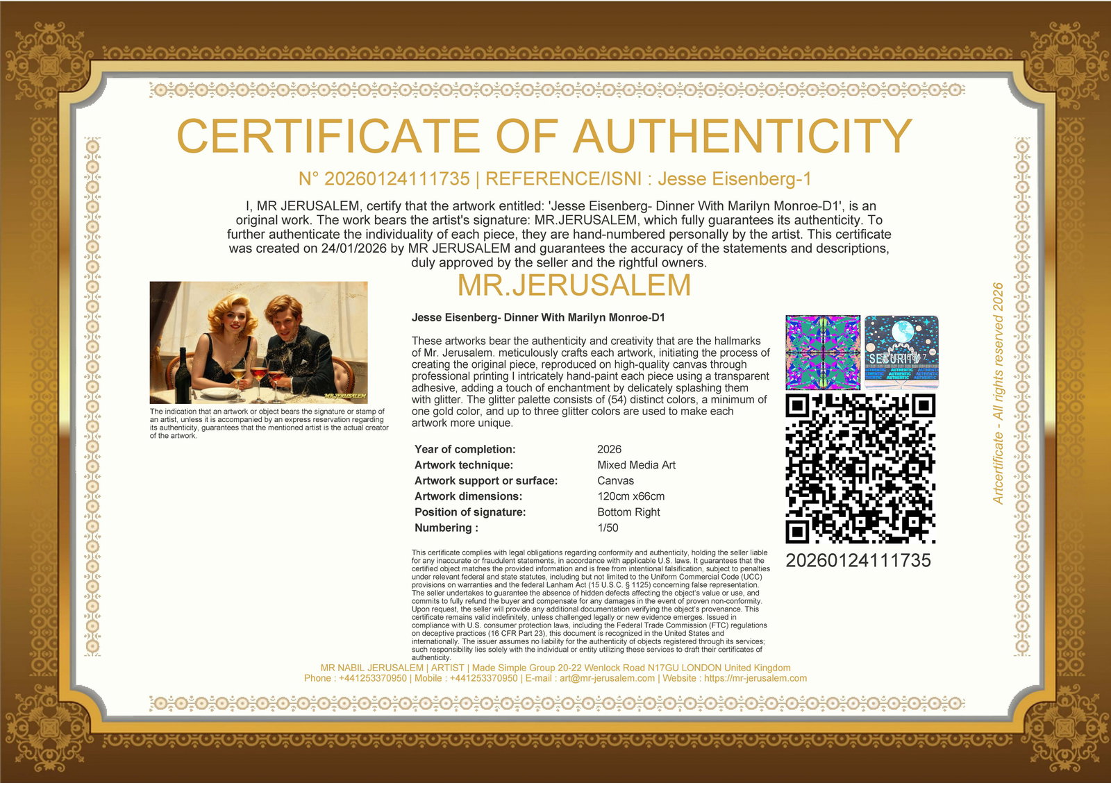 Jesse Eisenberg - Dinner With Marilyn Monroe-D1, Limited Edition of 50 Pieces Signed & Numbered - 3