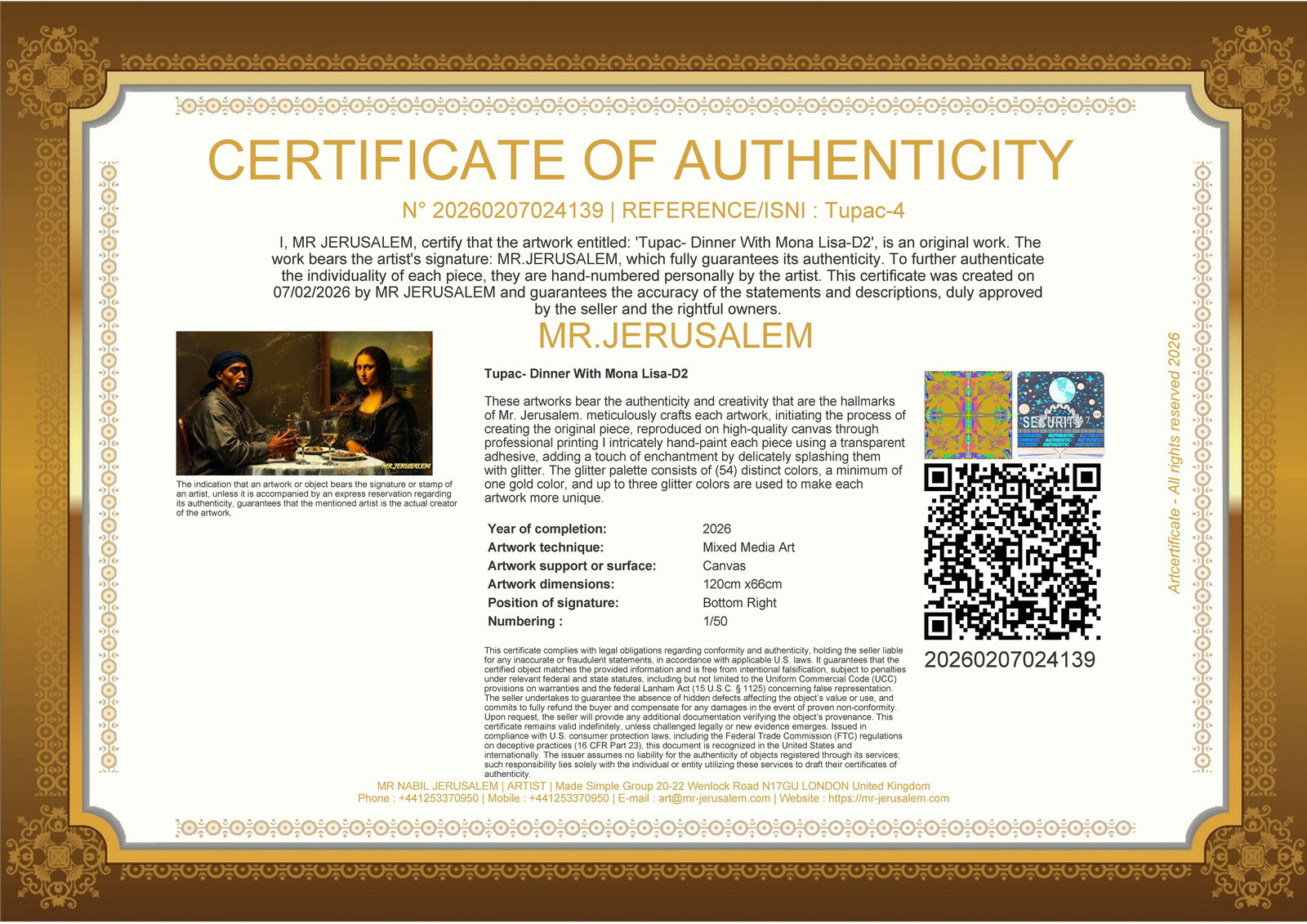 Tupac - Dinner With Mona Lisa-D2, Limited Edition of 50 Pieces, Signed & Numbered - 3