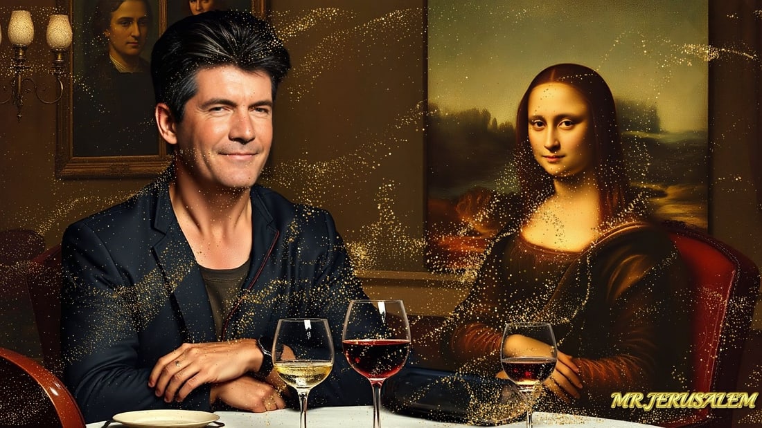 Simon Cowell - Dinner With Mona Lisa-D1, Limited Edition of 50 Pieces, Signed & Numbered: Please note the images you see here for the artworks is protected with artist name in gold & gold glitter watermark. The original artworks will be unique and one-of-a-kind, hand painted with glue