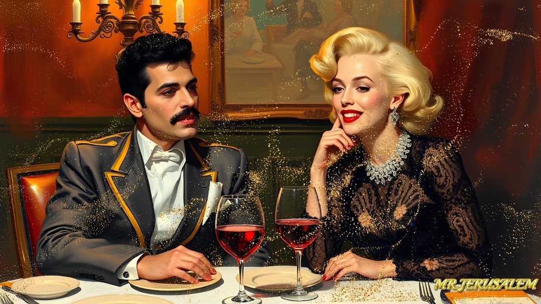 Freddie Mercury - Dinner With Marilyn Monroe-D1, Limited Edition of 50 Pieces, Signed & Numbered: Please note the images you see here for the artworks is protected with artist name in gold & gold glitter watermark. The original artworks will be unique and one-of-a-kind, hand painted with glue 