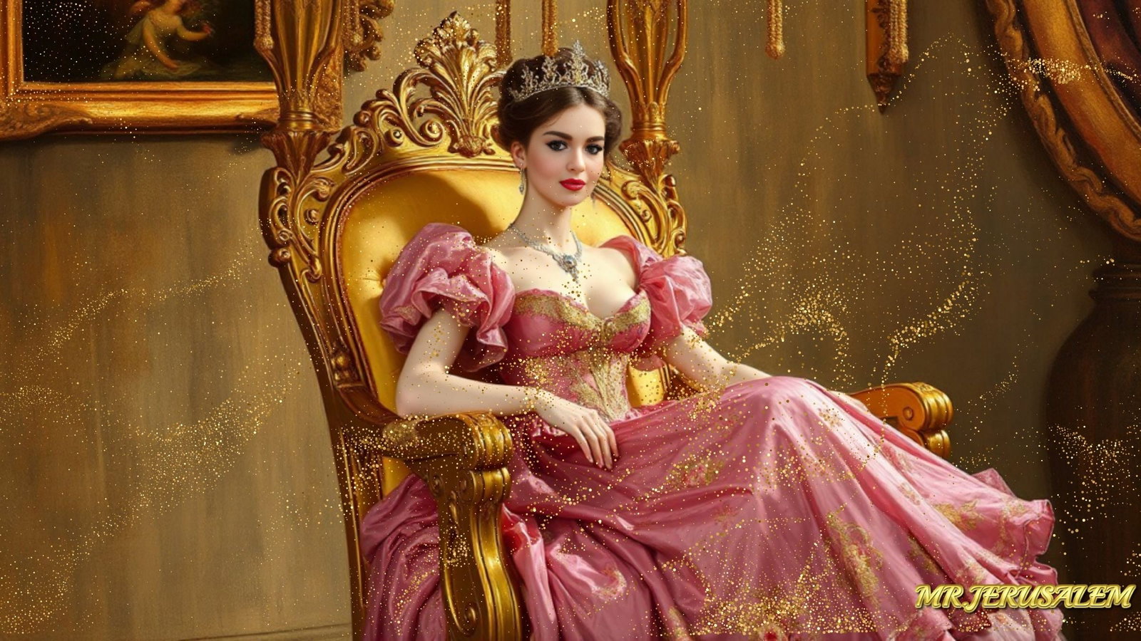 Princess On Chair-D2, Canvas Mixed Media, Limited Edition of 50 Pieces Signed and Numbered: Please note the images you see here for the artworks is protected with artist name in gold & gold glitter watermark. The original artworks will be unique and one-of-a-kind, hand painted with glue 