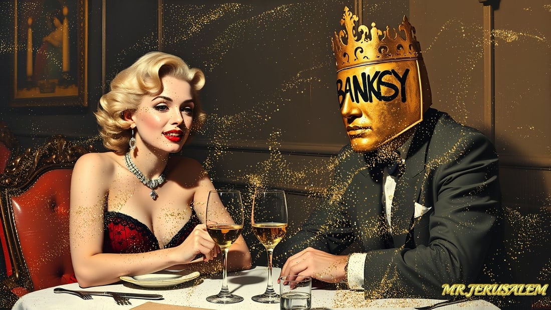 Banksy - Dinner With Marilyn Monroe- D1, Limited Edition of 50 Pieces, Signed & Numbered: Please note the images you see here for the artworks is protected with artist name in gold & gold glitter watermark. The original artworks will be unique and one-of-a-kind, hand painted with glue
