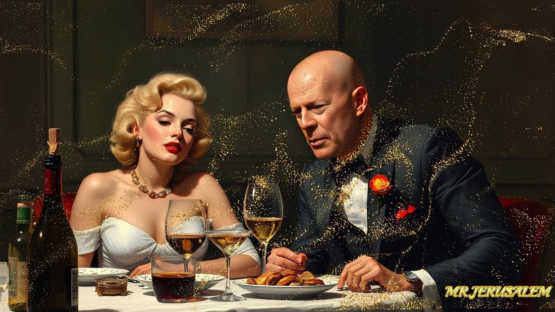 Bruce Willis - Dinner With Marilyn Monroe-D1, Limited Edition of 50 Pieces, Signed & Numbered: Please note the images you see here for the artworks is protected with artist name in gold & gold glitter watermark. The original artworks will be unique and one-of-a-kind, hand painted with glue