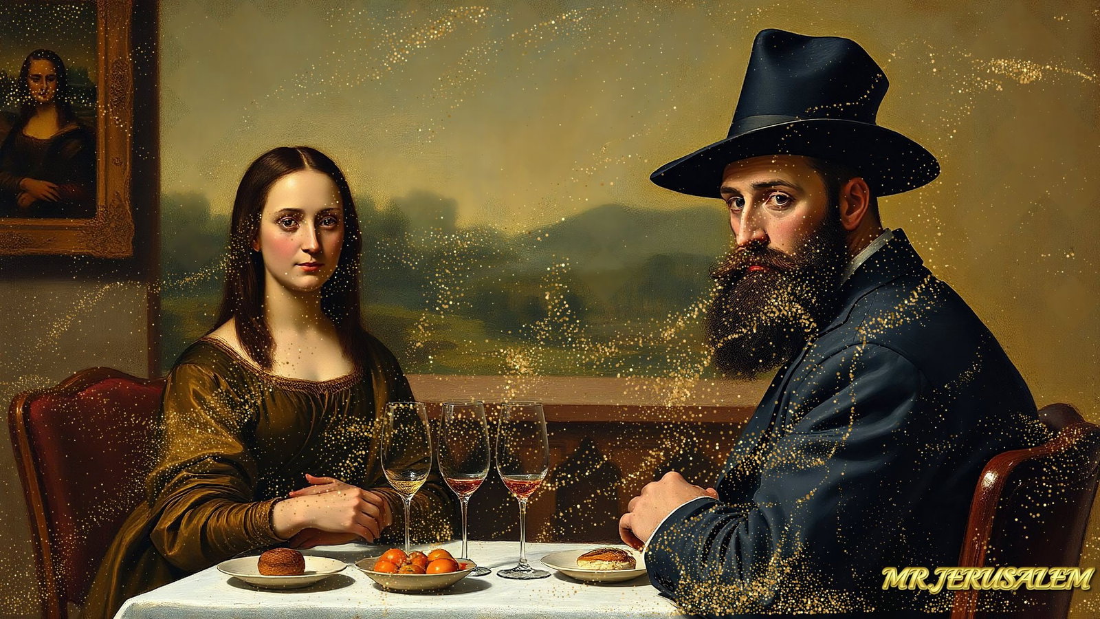 Paul Cezanne - Dinner With Mona Lisa-D1, Limited Edition of 50 Pieces, Signed & Numbered: Please note the images you see here for the artworks is protected with artist name in gold & gold glitter watermark. The original artworks will be unique and one-of-a-kind, hand painted with glue