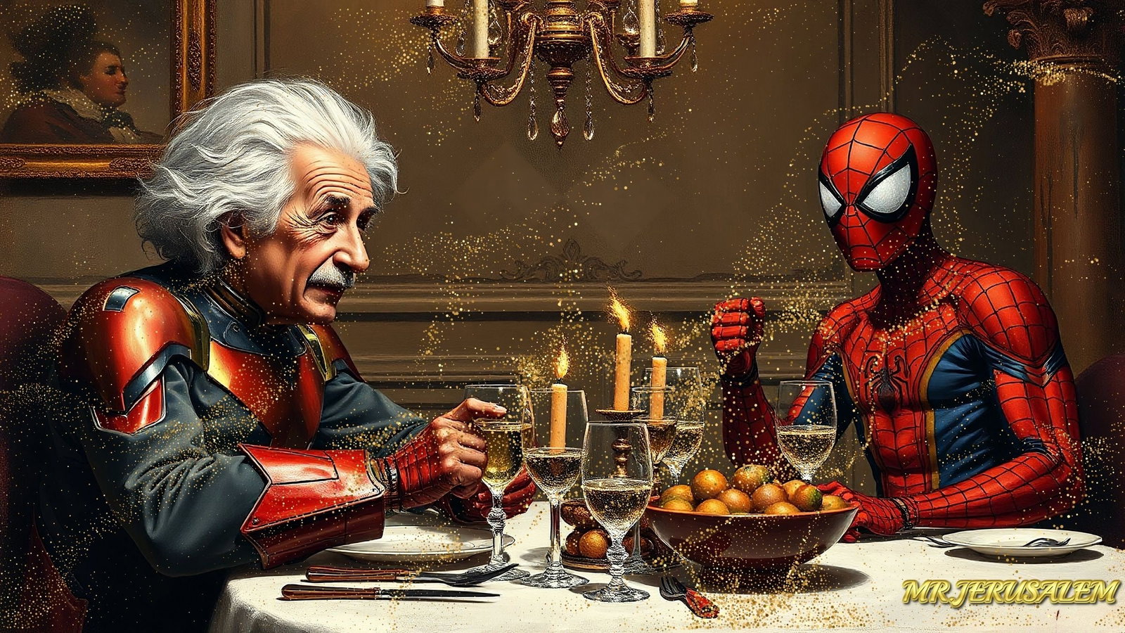 Albert Einstein Dinner With Spiderman, Canvas Mixed Media, Limited Edition of 50 Pieces: Please note the images you see here for the artworks is protected with artist name in gold & gold glitter watermark. The original artworks will be unique and one-of-a-kind, hand painted with glue