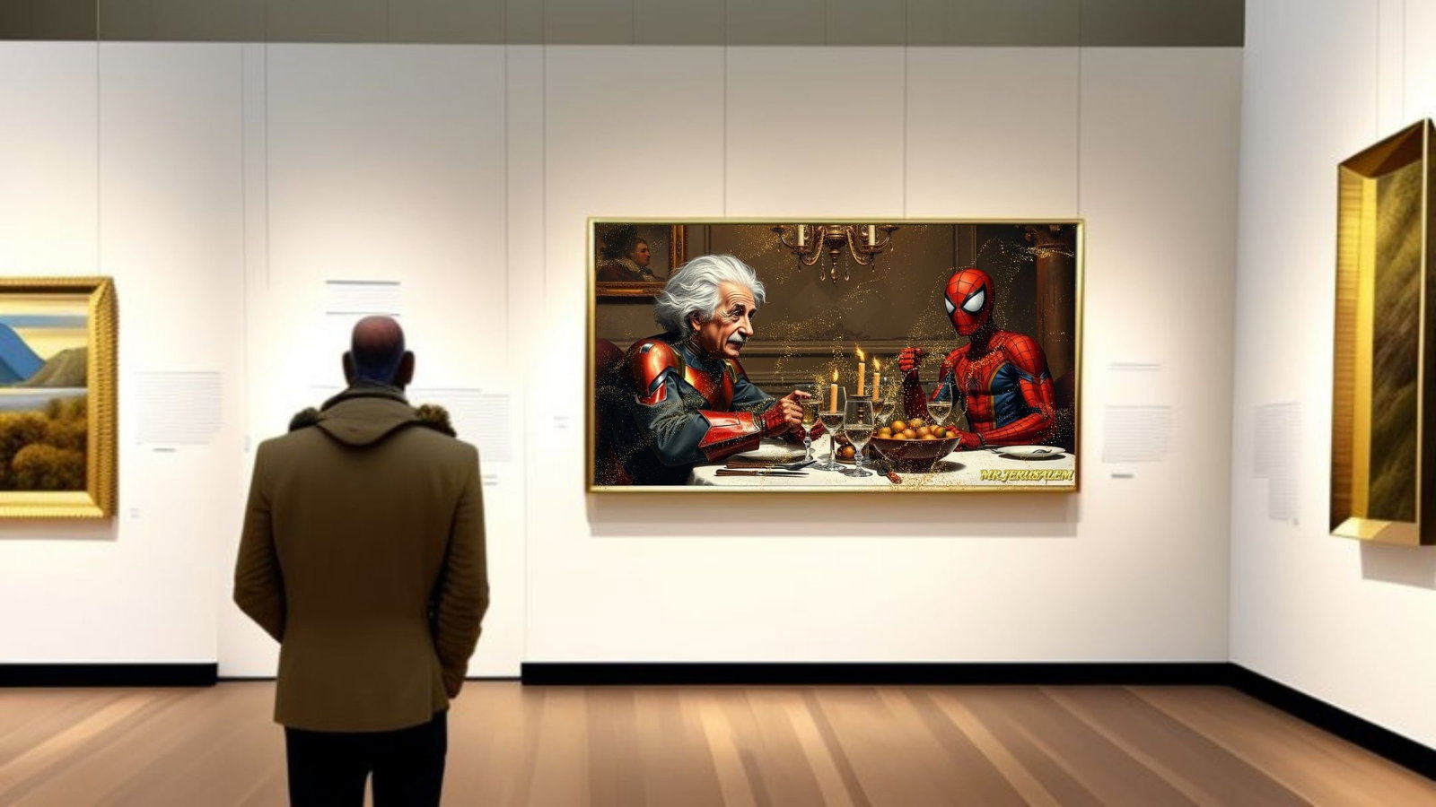 Albert Einstein Dinner With Spiderman, Canvas Mixed Media, Limited Edition of 50 Pieces - 2