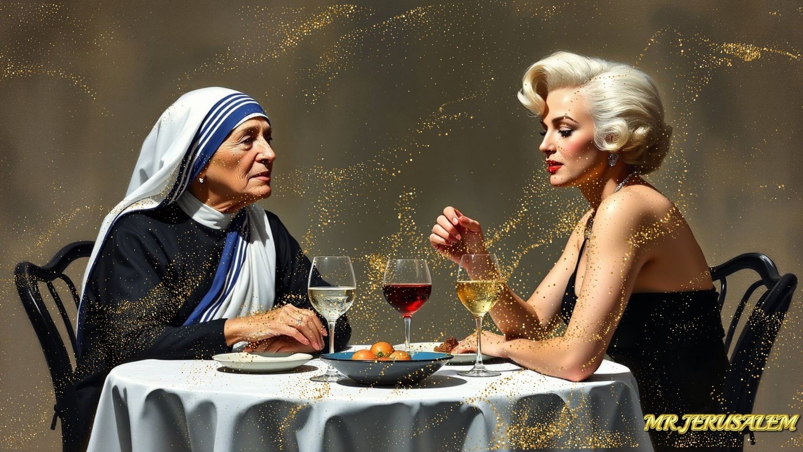 Mother Teresa - Dinner With Marilyn Monroe-D2, Limited Edition of 50 Pieces, Signed & Numbered: Please note the images you see here for the artworks is protected with artist name in gold & gold glitter watermark. The original artworks will be unique and one-of-a-kind, hand painted with glue
