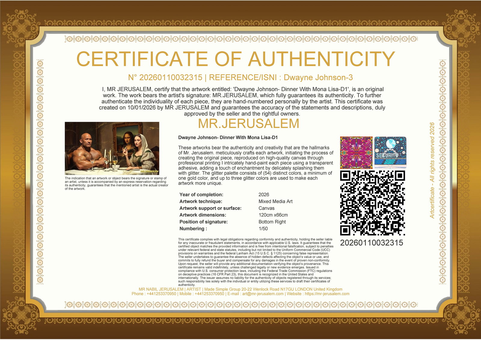 Dwayne Johnson - Dinner With Mona Lisa-D1, Limited Edition of 50 Pieces, Signed & Numbered - 3