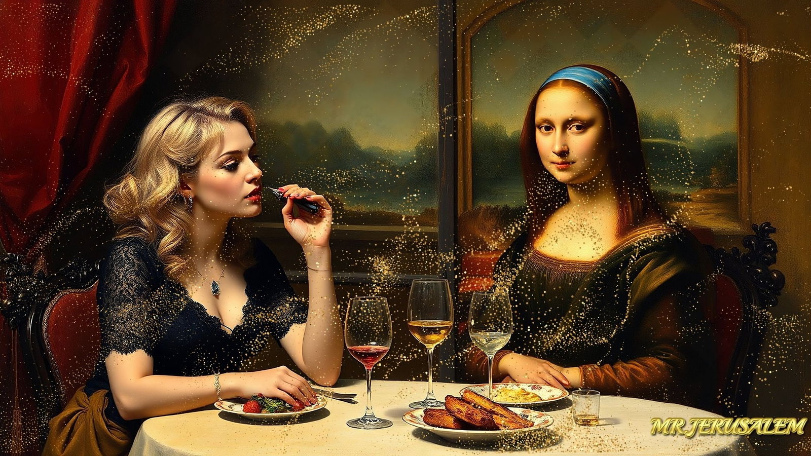 Madonna - Dinner With Mona Lisa-D2, Limited Edition of 50 Pieces, Signed & Numbered: Please note the images you see here for the artworks is protected with artist name in gold & gold glitter watermark. The original artworks will be unique and one-of-a-kind, hand painted with glue