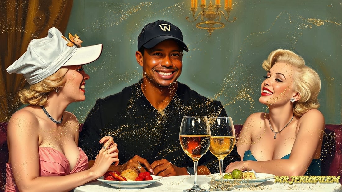 Tiger Woods - Dinner With Marliyn Monroe-D2, Limited Edition of 50 Pieces, Signed & Numbered: Please note the images you see here for the artworks is protected with artist name in gold & gold glitter watermark. The original artworks will be unique and one-of-a-kind, hand painted with glue 