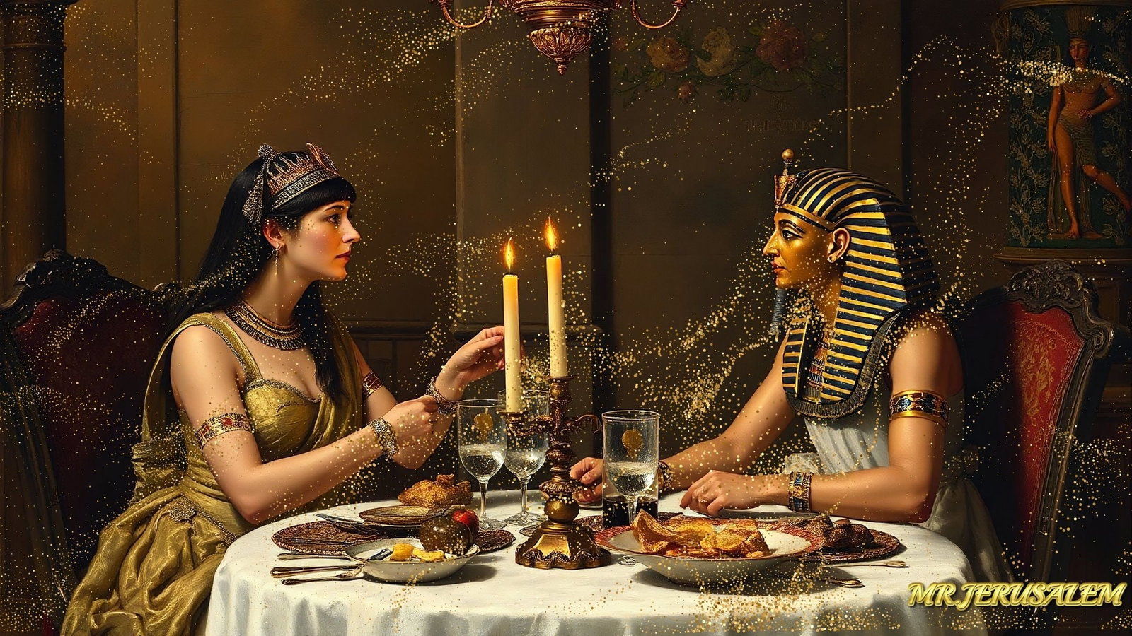 Cleopatra Dinner With Tutankhamun-D1, Canvas Mixed Media, Limited Edition of 50 Pieces: Please note the images you see here for the artworks is protected with artist name in gold & gold glitter watermark. The original artworks will be unique and one-of-a-kind, hand painted with glue
