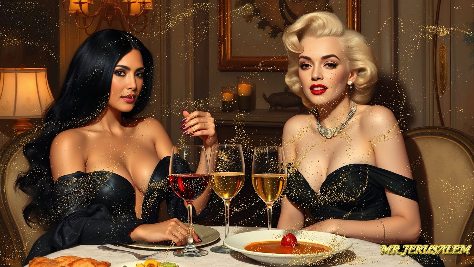 Kim Kardashian - Dinner With Marilyn Monroe-D1, Limited Edition of 50 Pieces, Signed & Numbered: Please note the images you see here for the artworks is protected with artist name in gold & gold glitter watermark. The original artworks will be unique and one-of-a-kind, hand painted with glue 