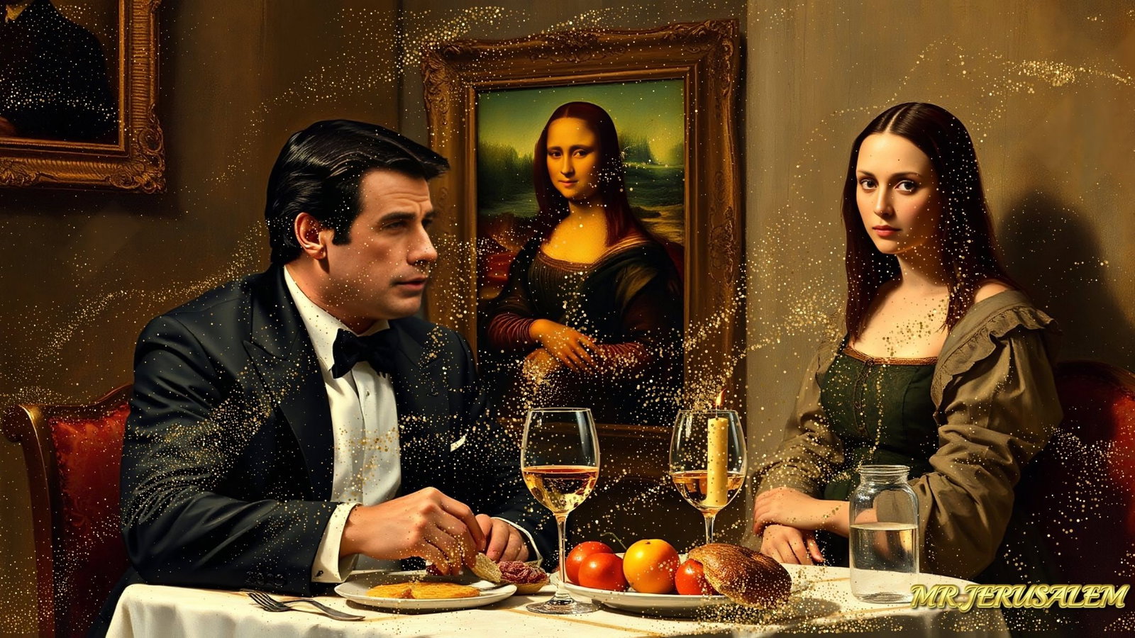 John Travolta - Dinner With Mona Lisa-D2, Limited Edition of 50 Pieces, Signed & Numbered: Please note the images you see here for the artworks is protected with artist name in gold & gold glitter watermark. The original artworks will be unique and one-of-a-kind, hand painted with glue