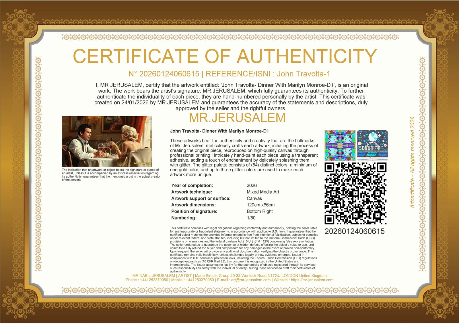 John Travolta - Dinner With Marilyn Monroe-D1, Limited Edition of 50 Pieces, Signed & Numbered - 3