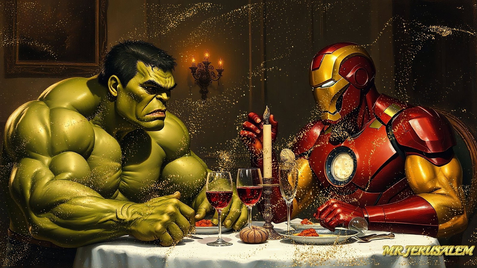 Hulk Dinner With Ironman-D1, Canvas Mixed Media, Limited Edition of 50 Pieces: Please note the images you see here for the artworks is protected with artist name in gold & gold glitter watermark. The original artworks will be unique and one-of-a-kind, hand painted with glue