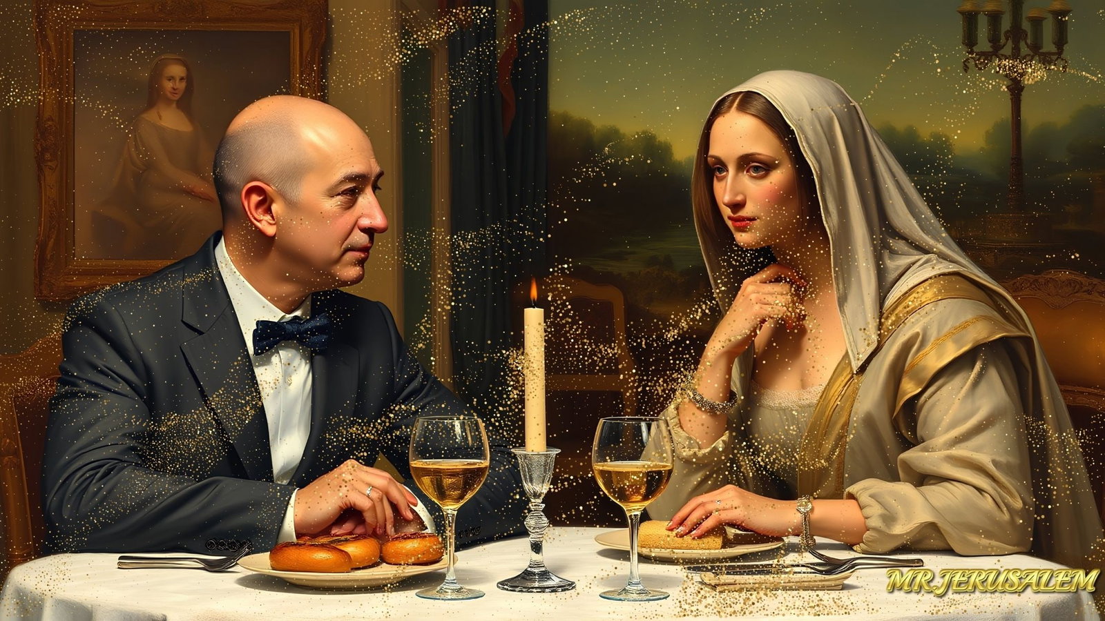 Jeff Bezos - Dinner With Mona Lisa-D1, Limited Edition of 50 Pieces, Signed & Numbered: Please note the images you see here for the artworks is protected with artist name in gold & gold glitter watermark. The original artworks will be unique and one-of-a-kind, hand painted with glue