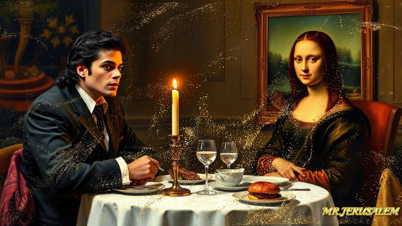 Michael Jackson - Dinner With Mona Lisa-D1, Limited Edition of 50 Pieces, Signed & Numbered: Please note the images you see here for the artworks is protected with artist name in gold & gold glitter watermark. The original artworks will be unique and one-of-a-kind, hand painted with glue