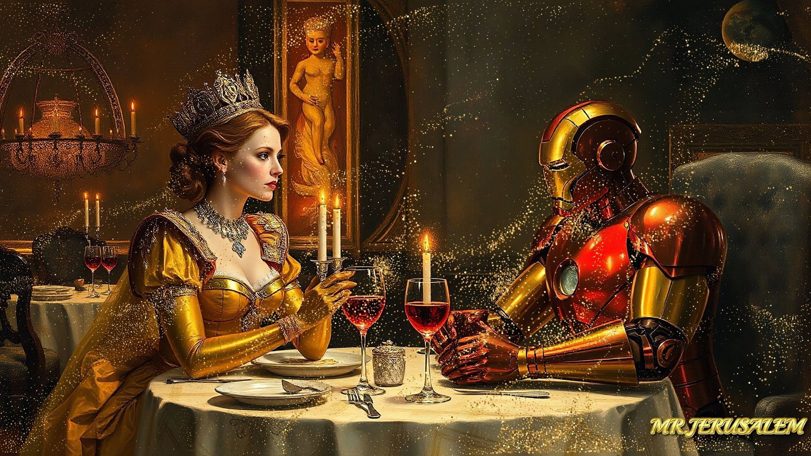 Queen Of Gold Dinner With Ironman, Canvas Mixed Media, Limited Edition of 50 Pieces: Please note the images you see here for the artworks is protected with artist name in gold & gold glitter watermark. The original artworks will be unique and one-of-a-kind, hand painted with glue