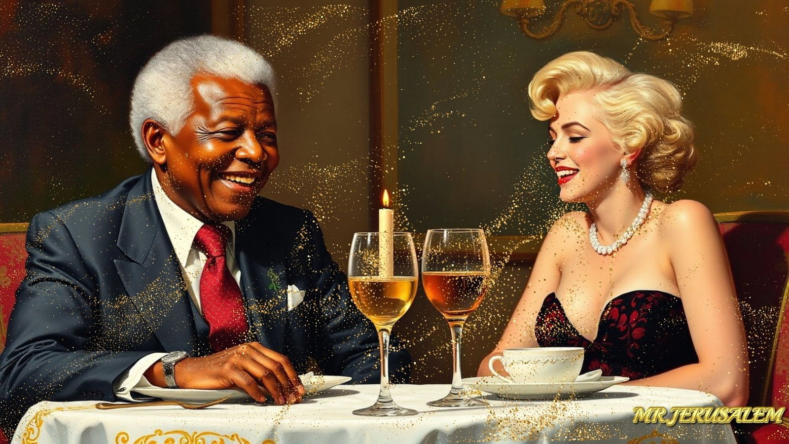 Nelson Mandela - Dinner With Marilyn Monroe-D1, Limited Edition of 50 Pieces, Signed & Numbered: Please note the images you see here for the artworks is protected with artist name in gold & gold glitter watermark. The original artworks will be unique and one-of-a-kind, hand painted with glue