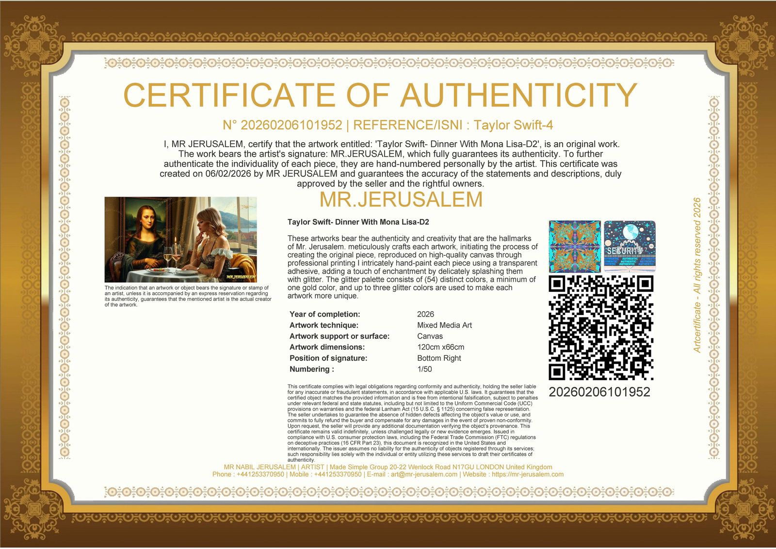 Taylor Swift - Dinner With Mona Lisa-D2, Limited Edition of 50 Pieces, Signed & Numbered - 3