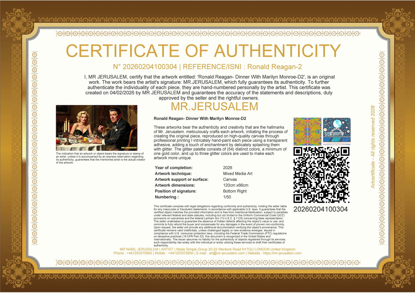 Ronald Reagan - Dinner With Marliyn Monroe-D2, Limited Edition of 50 Pieces, Signed & Numbered - 3