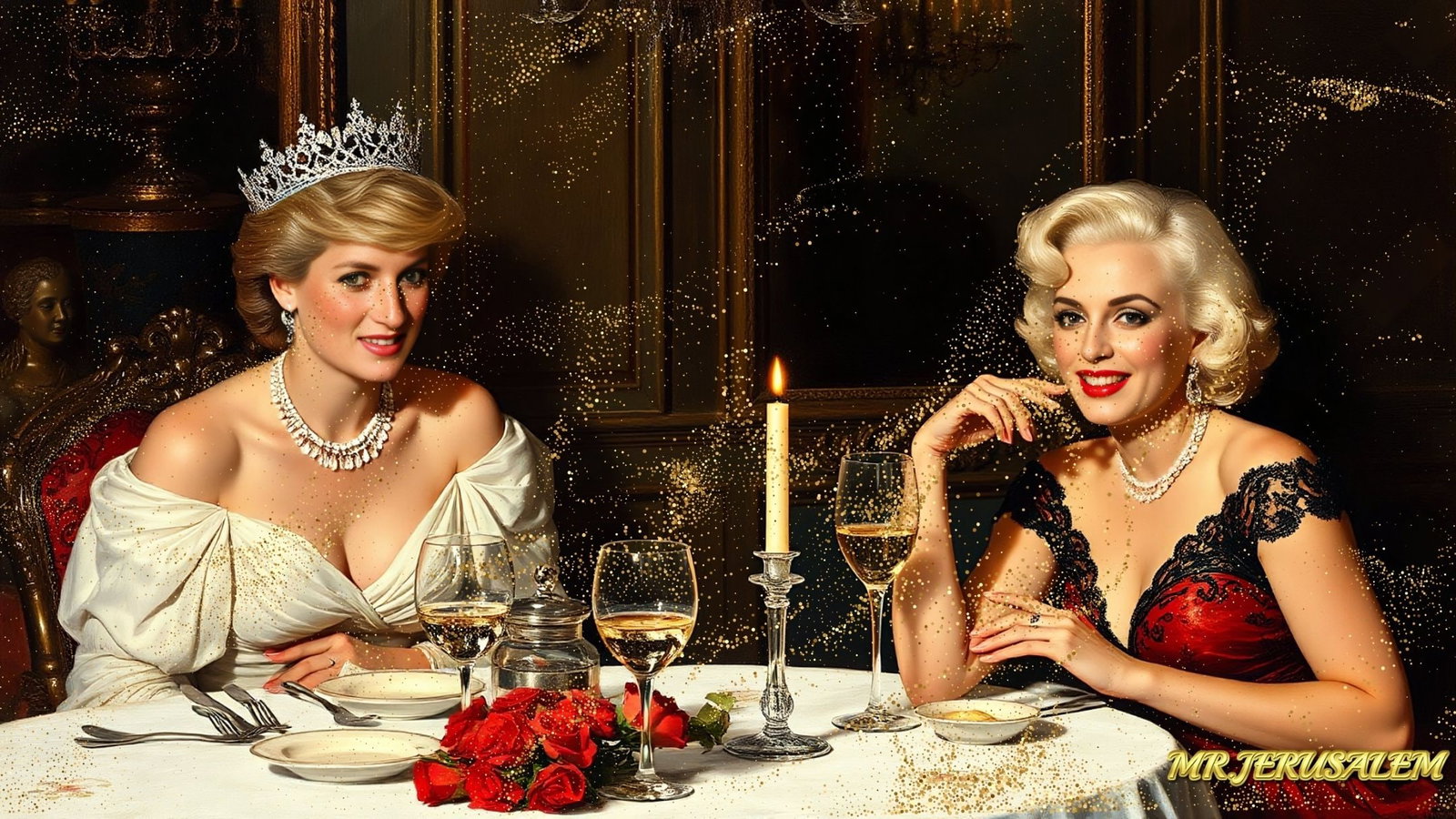 Princess Diana - Dinner With Marliyn Monroe-D1, Limited Edition of 50 Pieces, Signed & Numbered: Please note the images you see here for the artworks is protected with artist name in gold & gold glitter watermark. The original artworks will be unique and one-of-a-kind, hand painted with glue