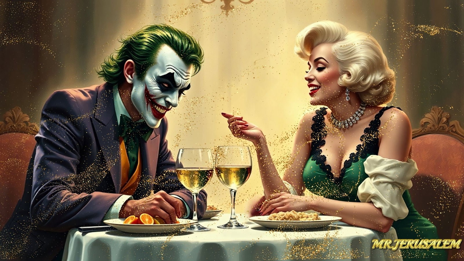 Joker - Dinner With Marilyn Monroe-D2, Limited Edition of 50 Pieces, Signed & Numbered: Please note the images you see here for the artworks is protected with artist name in gold & gold glitter watermark. The original artworks will be unique and one-of-a-kind, hand painted with glue
