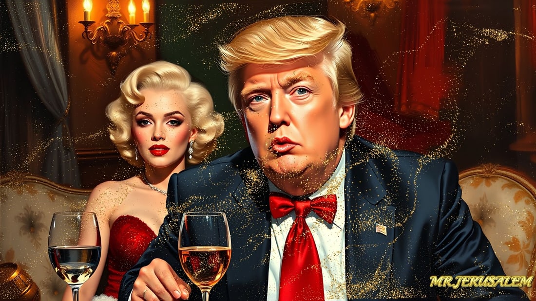 Donald Trump - Dinner With Marilyn Monroe-D1, Limited Edition of 50 Pieces, Signed & Numbered: Please note the images you see here for the artworks is protected with artist name in gold & gold glitter watermark. The original artworks will be unique and one-of-a-kind, hand painted with glue 
