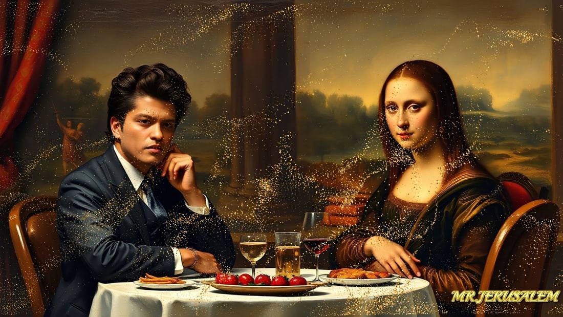 Bruno Mars - Dinner With Mona Lisa-D2, Limited Edition of 50 Pieces, Signed & Numbered: Please note the images you see here for the artworks is protected with artist name in gold & gold glitter watermark. The original artworks will be unique and one-of-a-kind, hand painted with glue