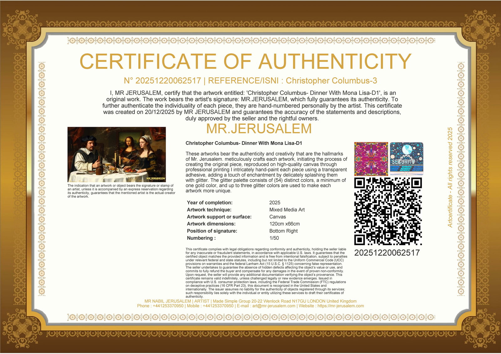 Christopher Columbus - Dinner With Mona Lisa-D1, Limited Edition of 50 Pieces, Signed & Numbered - 3