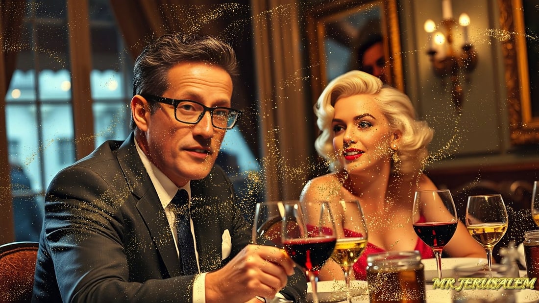 Richard Quest - Dinner With Marliyn Monroe-D1, Limited Edition of 50 Pieces, Signed & Numbered: Please note the images you see here for the artworks is protected with artist name in gold & gold glitter watermark. The original artworks will be unique and one-of-a-kind, hand painted with glue