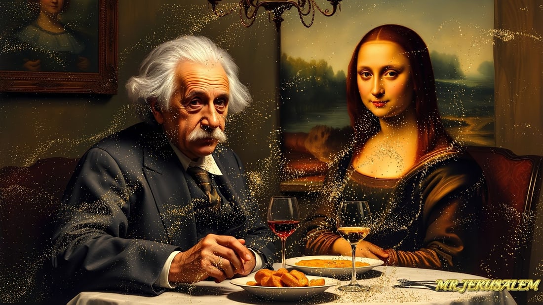 Albert Einstein - Dinner With Mona Lisa- D1, Limited Edition of 50 Pieces, Signed & Numbered: Please note the images you see here for the artworks is protected with artist name in gold & gold glitter watermark. The original artworks will be unique and one-of-a-kind, hand painted with glue 