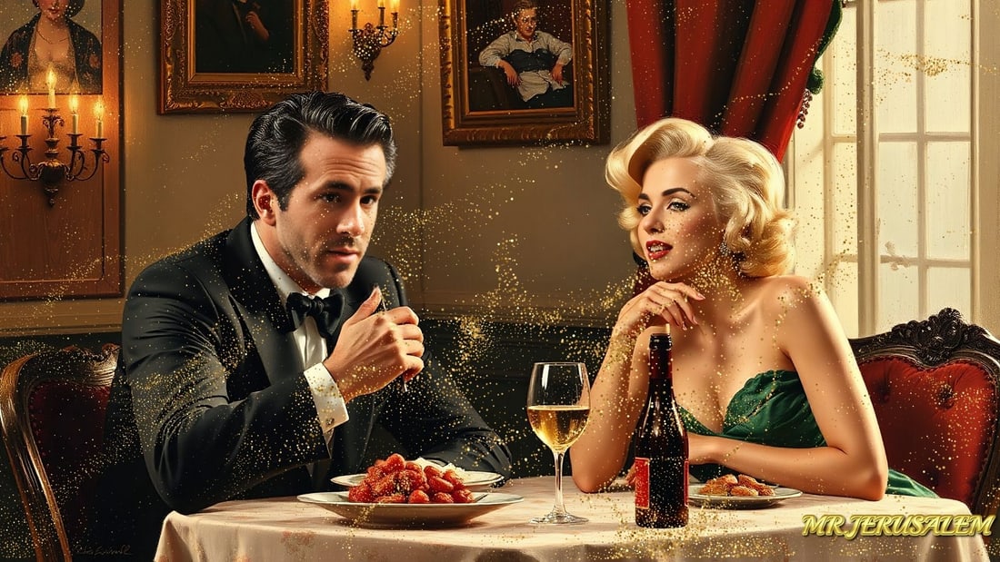 Ryan Reynolds - Dinner With Marliyn Monroe-D1, Limited Edition of 50 Pieces, Signed & Numbered: Please note the images you see here for the artworks is protected with artist name in gold & gold glitter watermark. The original artworks will be unique and one-of-a-kind, hand painted with glue