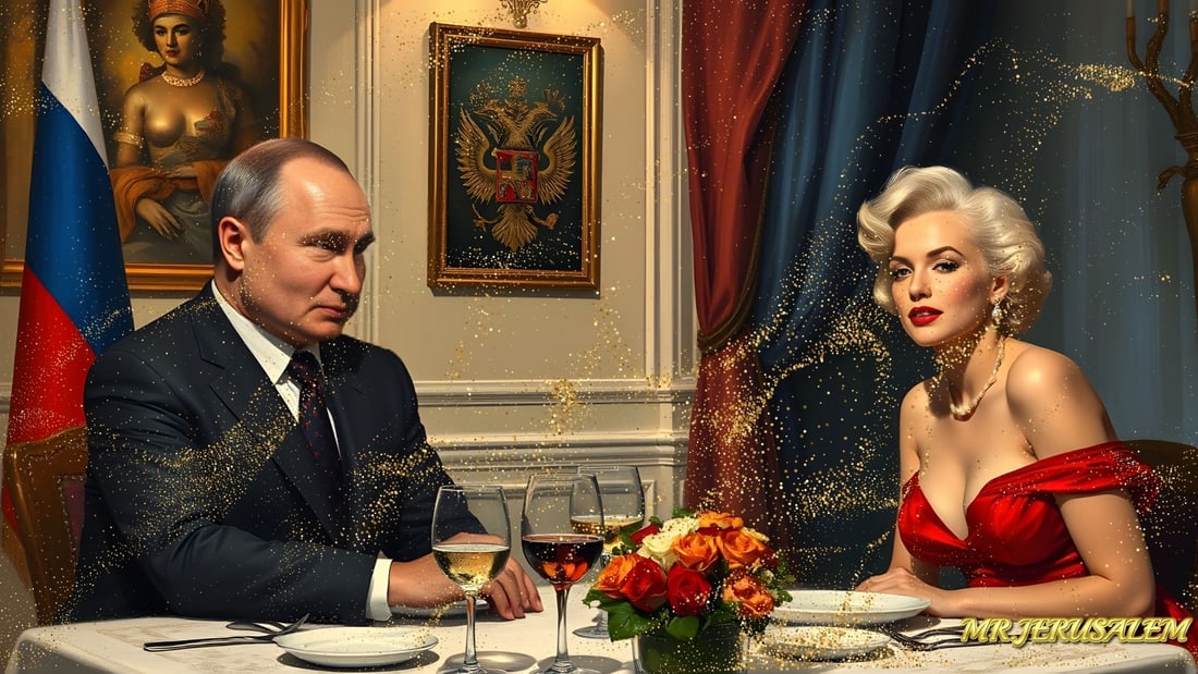 Vladimir Putin - Dinner With Marliyn Monroe-D1, Limited Edition of 50 Pieces, Signed & Numbered: Please note the images you see here for the artworks is protected with artist name in gold & gold glitter watermark. The original artworks will be unique and one-of-a-kind, hand painted with glue 