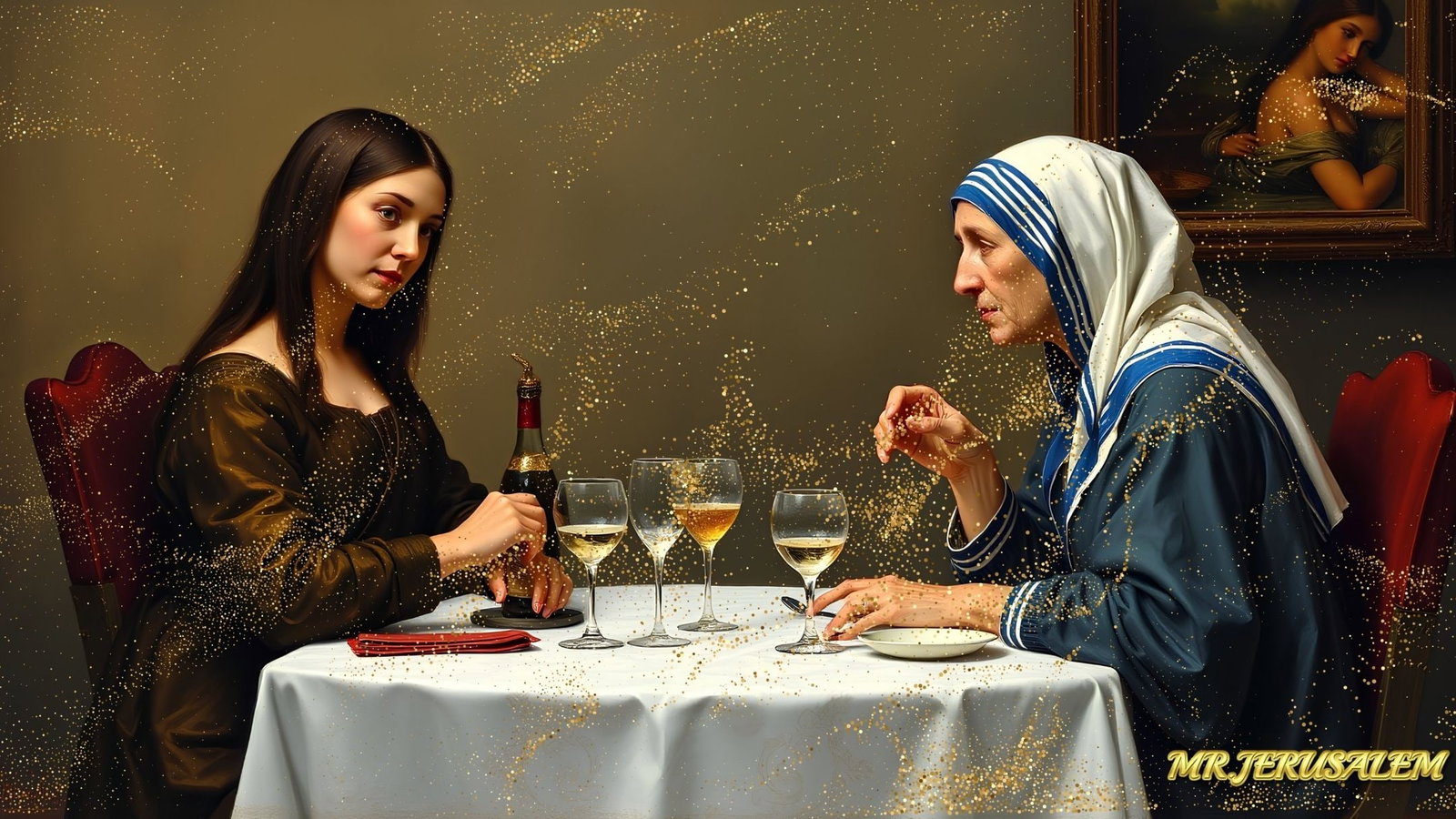 Mother Teresa - Dinner With Mona Lisa-D2, Limited Edition of 50 Pieces, Signed & Numbered: Please note the images you see here for the artworks is protected with artist name in gold & gold glitter watermark. The original artworks will be unique and one-of-a-kind, hand painted with glue
