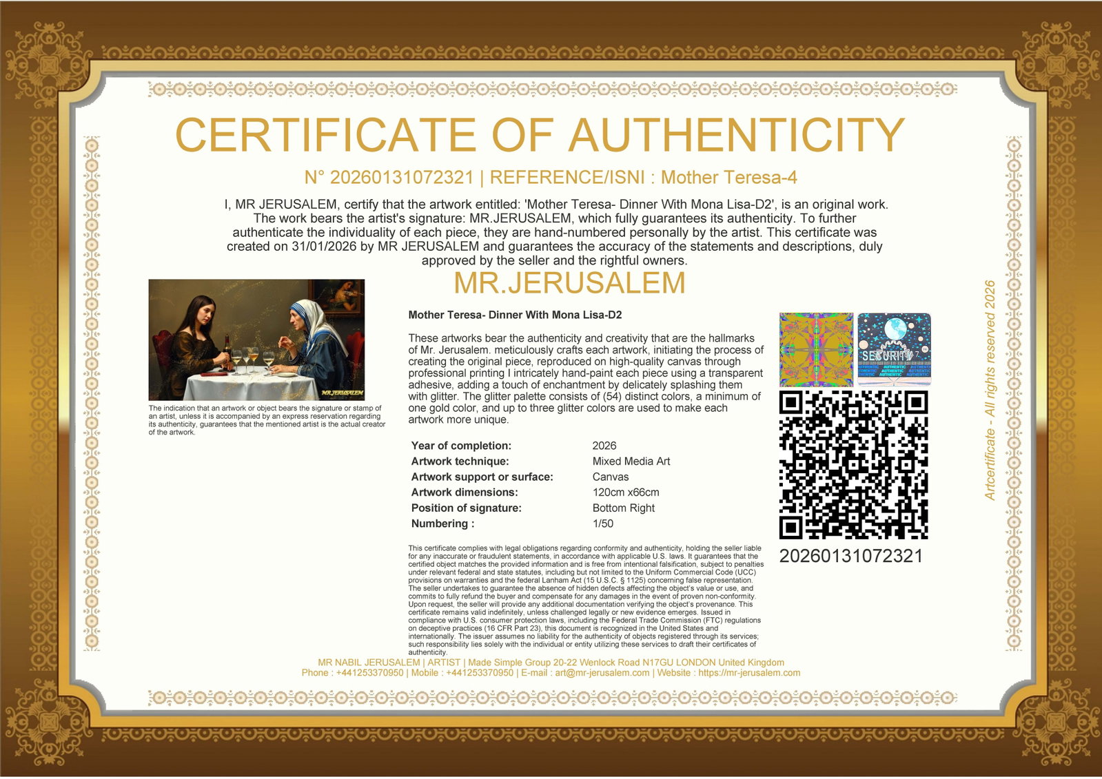 Mother Teresa - Dinner With Mona Lisa-D2, Limited Edition of 50 Pieces, Signed & Numbered - 3