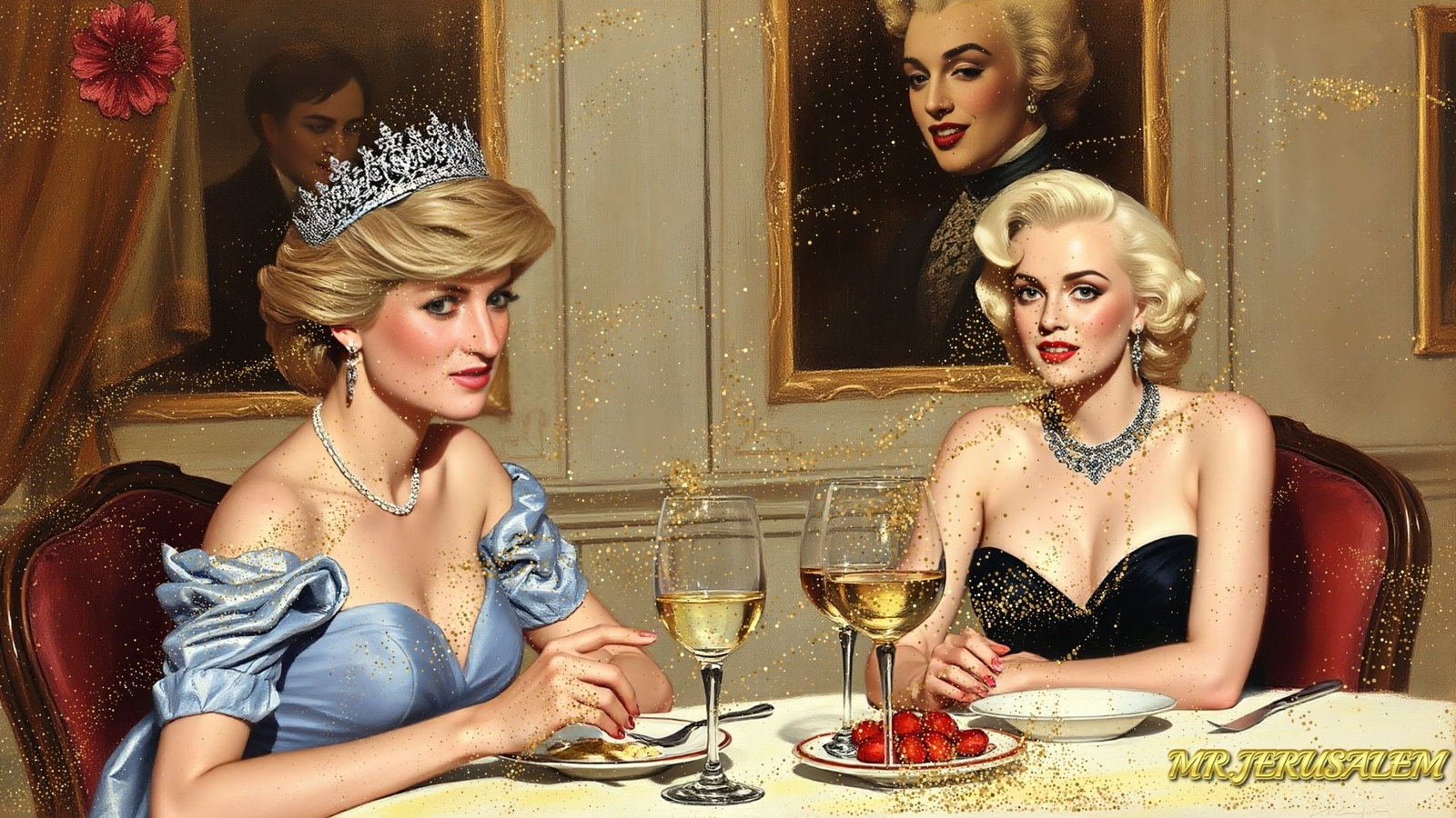 Princess Diana - Dinner With Marliyn Monroe-D2, Limited Edition of 50 Pieces, Signed & Numbered: Please note the images you see here for the artworks is protected with artist name in gold & gold glitter watermark. The original artworks will be unique and one-of-a-kind, hand painted with glue