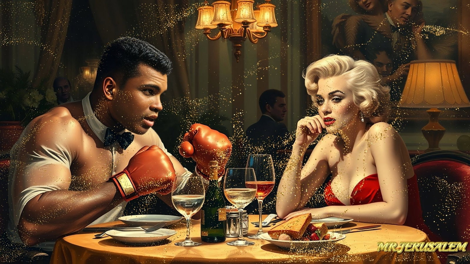 Muhammad Ali - Dinner With Marilyn Monroe-D2, Limited Edition of 50 Pieces, Signed & Numbered: Please note the images you see here for the artworks is protected with artist name in gold & gold glitter watermark. The original artworks will be unique and one-of-a-kind, hand painted with glue