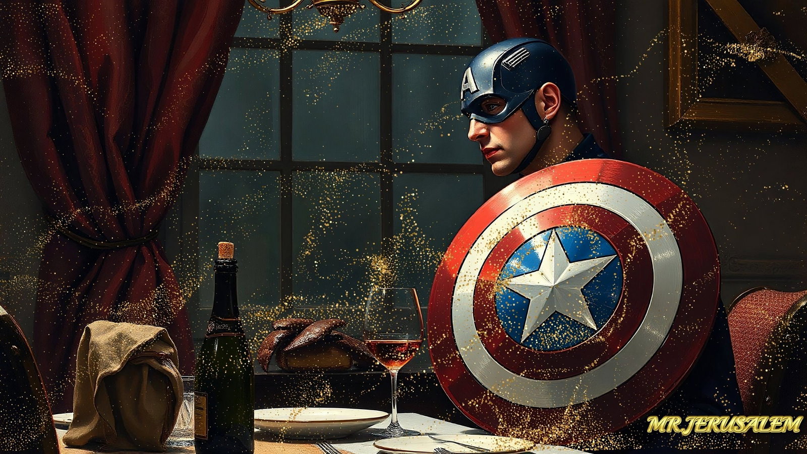 Captain America Dinner Alone-D2, Canvas Mixed Media, Limited Edition of 50 Pieces: Please note the images you see here for the artworks is protected with artist name in gold & gold glitter watermark. The original artworks will be unique and one-of-a-kind, hand painted with glue