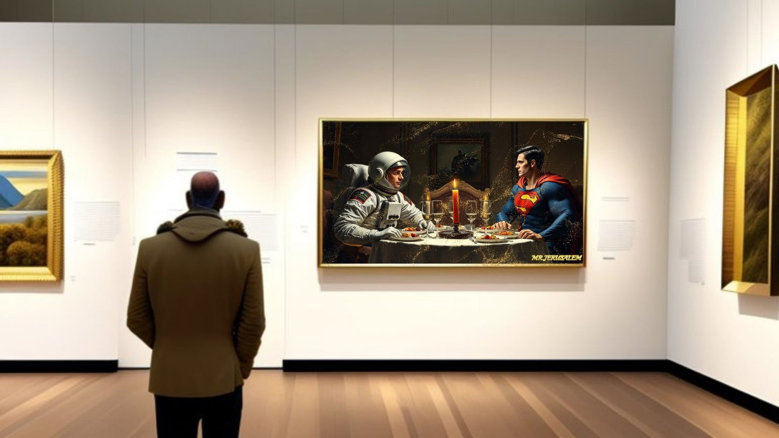 Astronaut Dinner With Superman, Canvas Mixed Media, Limited Edition of 50 Pieces - 2