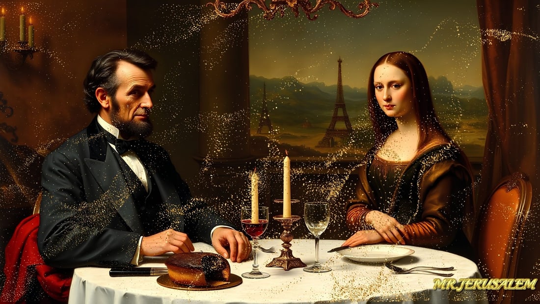 Abraham Lincoln- Dinner With Mona Lisa- D1, Limited Edition of 50 Pieces, Signed & Numbered: Please note the images you see here for the artworks is protected with artist name in gold & gold glitter watermark. The original artworks will be unique and one-of-a-kind, hand painted with glue