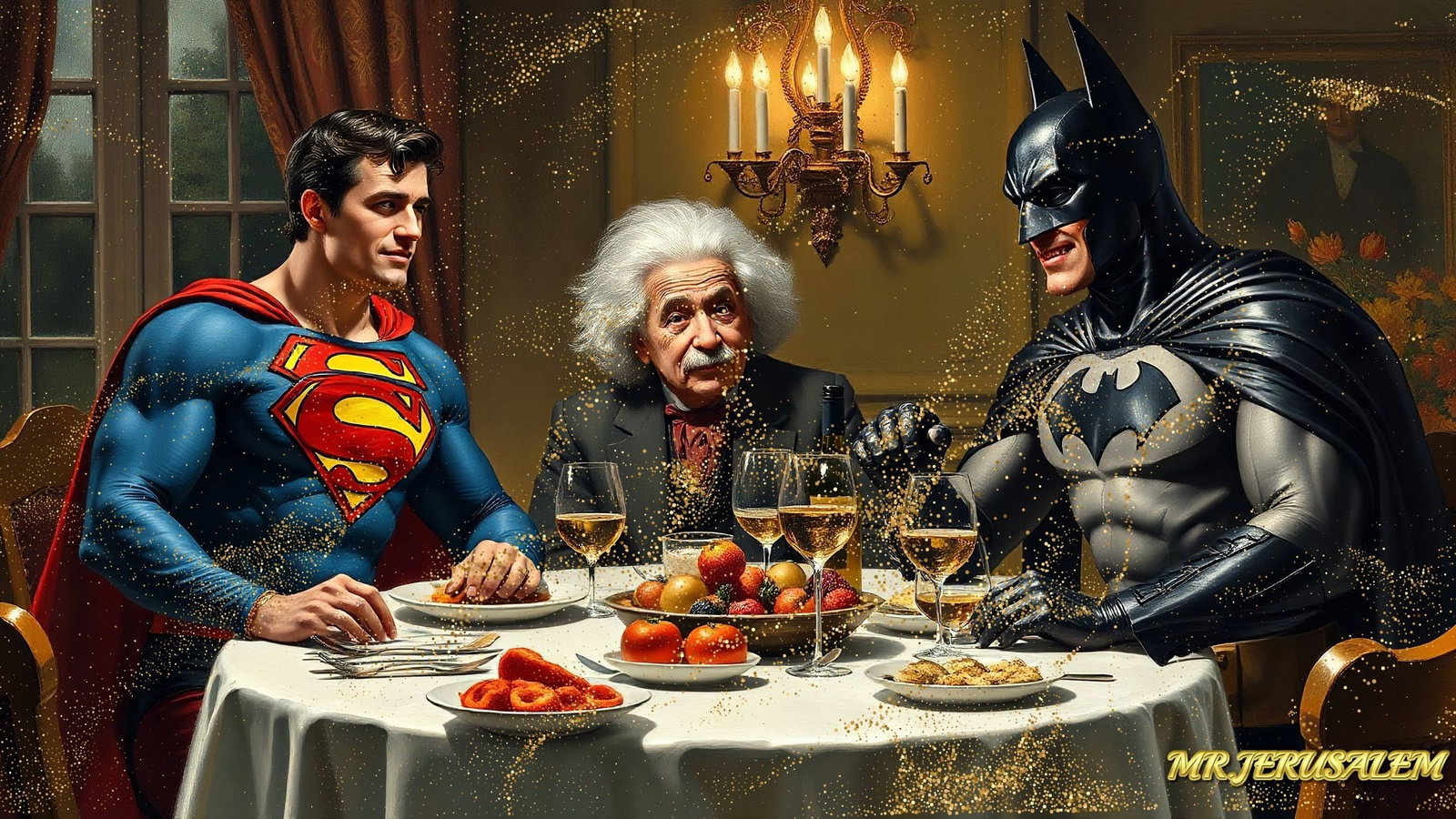 Albert Einstein Dinner With Superman & Batman-D1, Limited Edition of 50 Pieces: Please note the images you see here for the artworks is protected with artist name in gold & gold glitter watermark. The original artworks will be unique and one-of-a-kind, hand painted with glue
