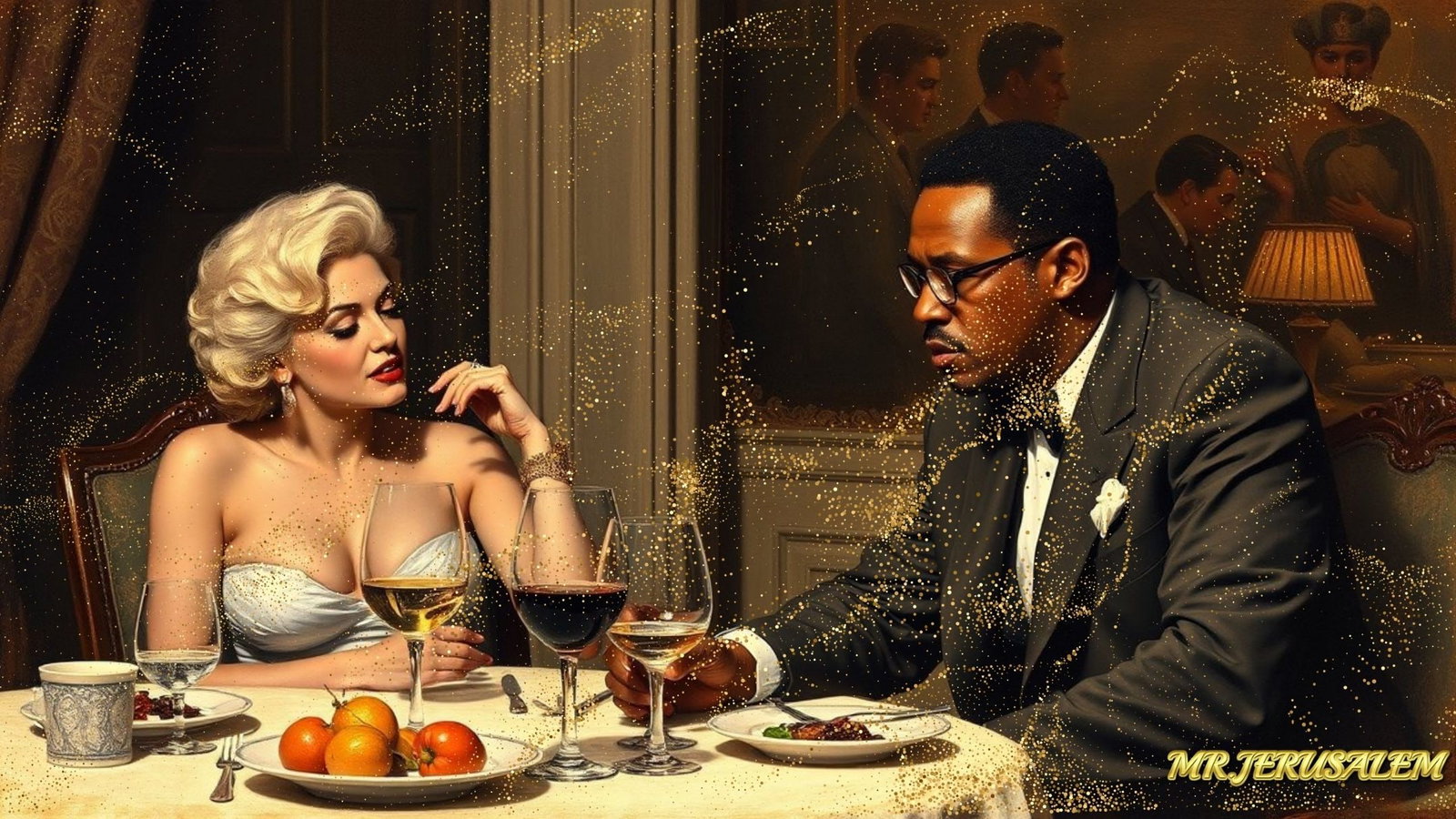 Malcolm X - Dinner With Marilyn Monroe-D2, Limited Edition of 50 Pieces, Signed & Numbered: Please note the images you see here for the artworks is protected with artist name in gold & gold glitter watermark. The original artworks will be unique and one-of-a-kind, hand painted with glue 
