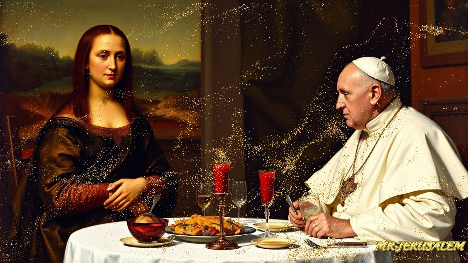 Pope Francis - Dinner With Mona Lisa-D2, Limited Edition of 50 Pieces, Signed & Numbered: Please note the images you see here for the artworks is protected with artist name in gold & gold glitter watermark. The original artworks will be unique and one-of-a-kind, hand painted with glue