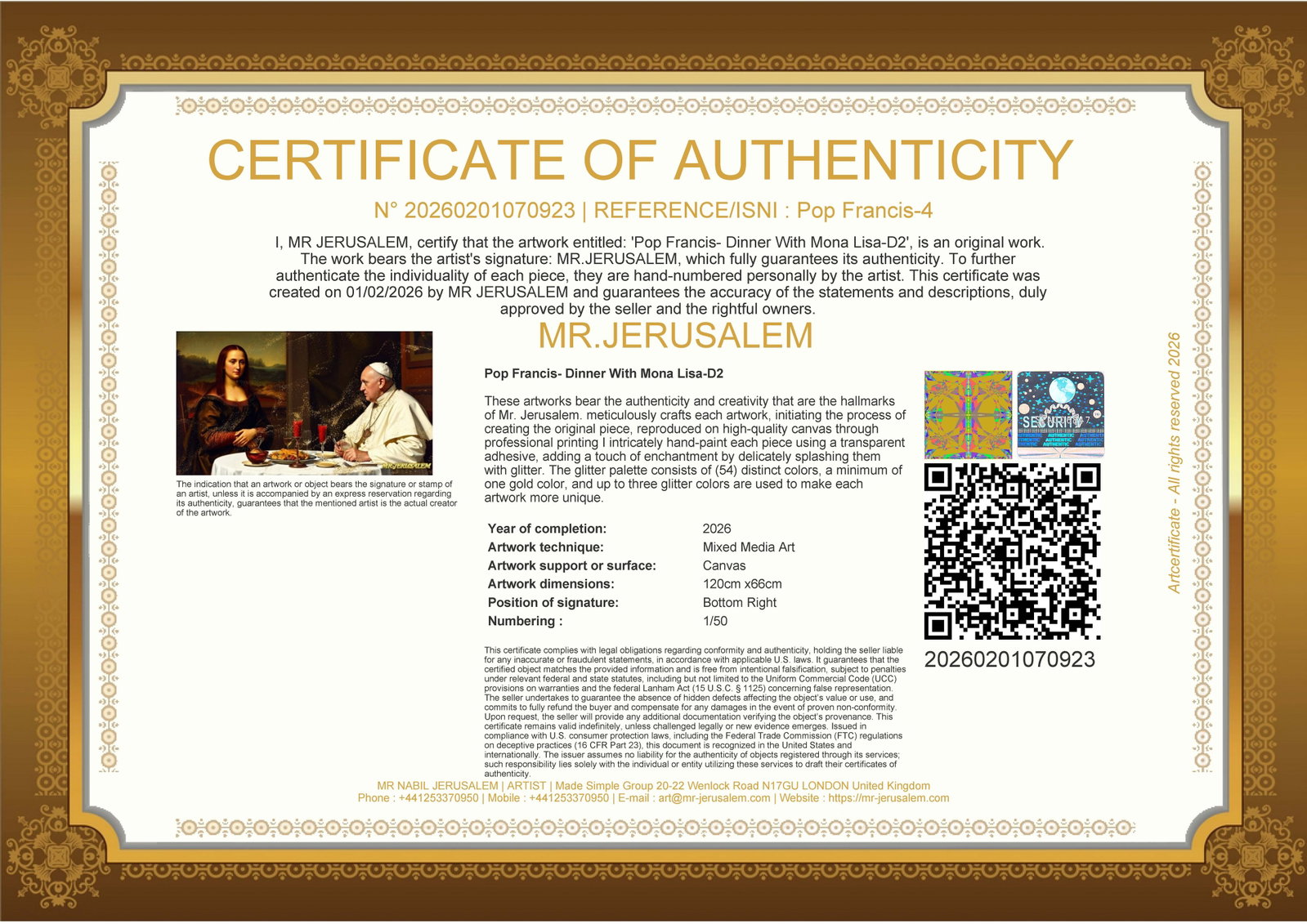 Pope Francis - Dinner With Mona Lisa-D2, Limited Edition of 50 Pieces, Signed & Numbered - 3