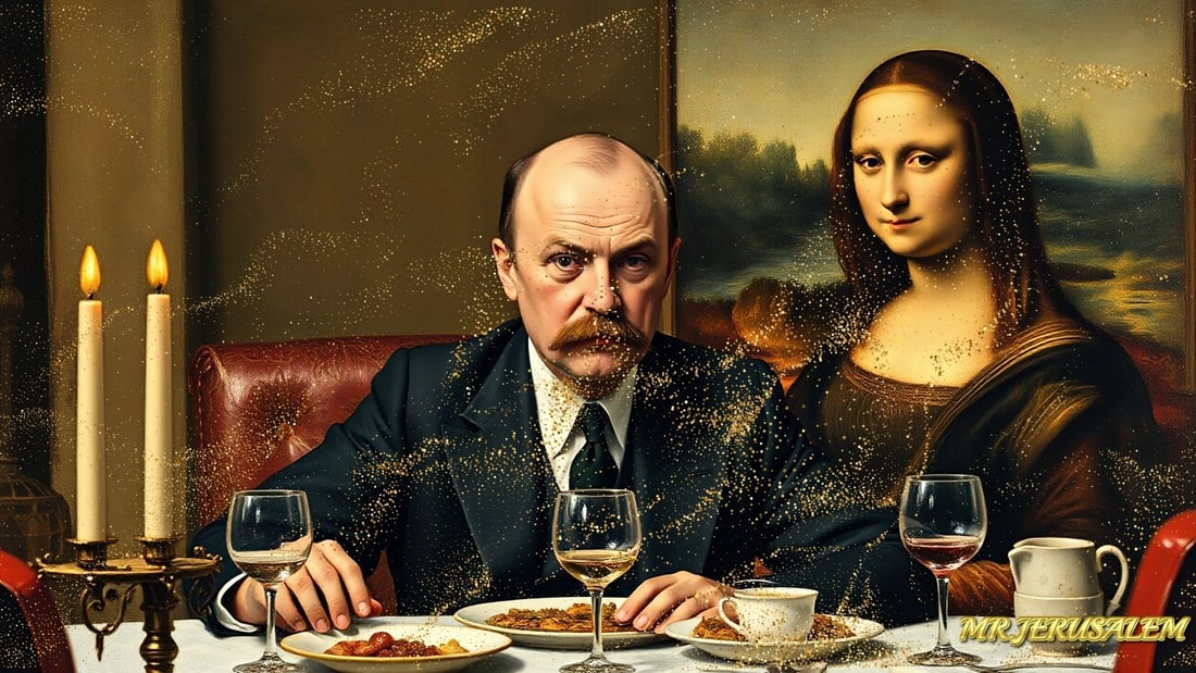 Vladimir Lenin - Dinner With Mona Lisa-D1, Limited Edition of 50 Pieces, Signed & Numbered: Please note the images you see here for the artworks is protected with artist name in gold & gold glitter watermark. The original artworks will be unique and one-of-a-kind, hand painted with glue 