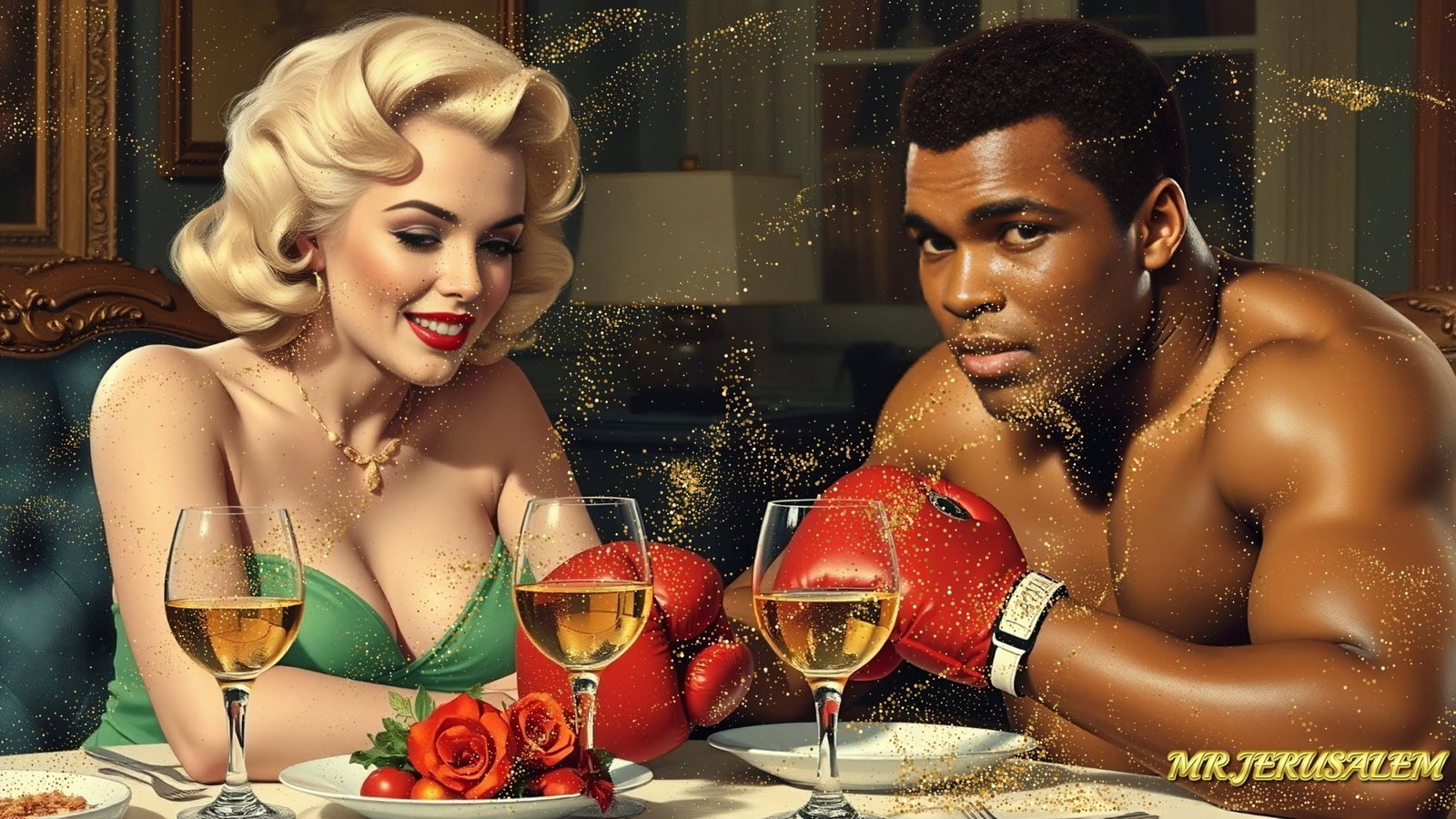 Muhammad Ali - Dinner With Marilyn Monroe-D1, Limited Edition of 50 Pieces, Signed & Numbered: Please note the images you see here for the artworks is protected with artist name in gold & gold glitter watermark. The original artworks will be unique and one-of-a-kind, hand painted with glue