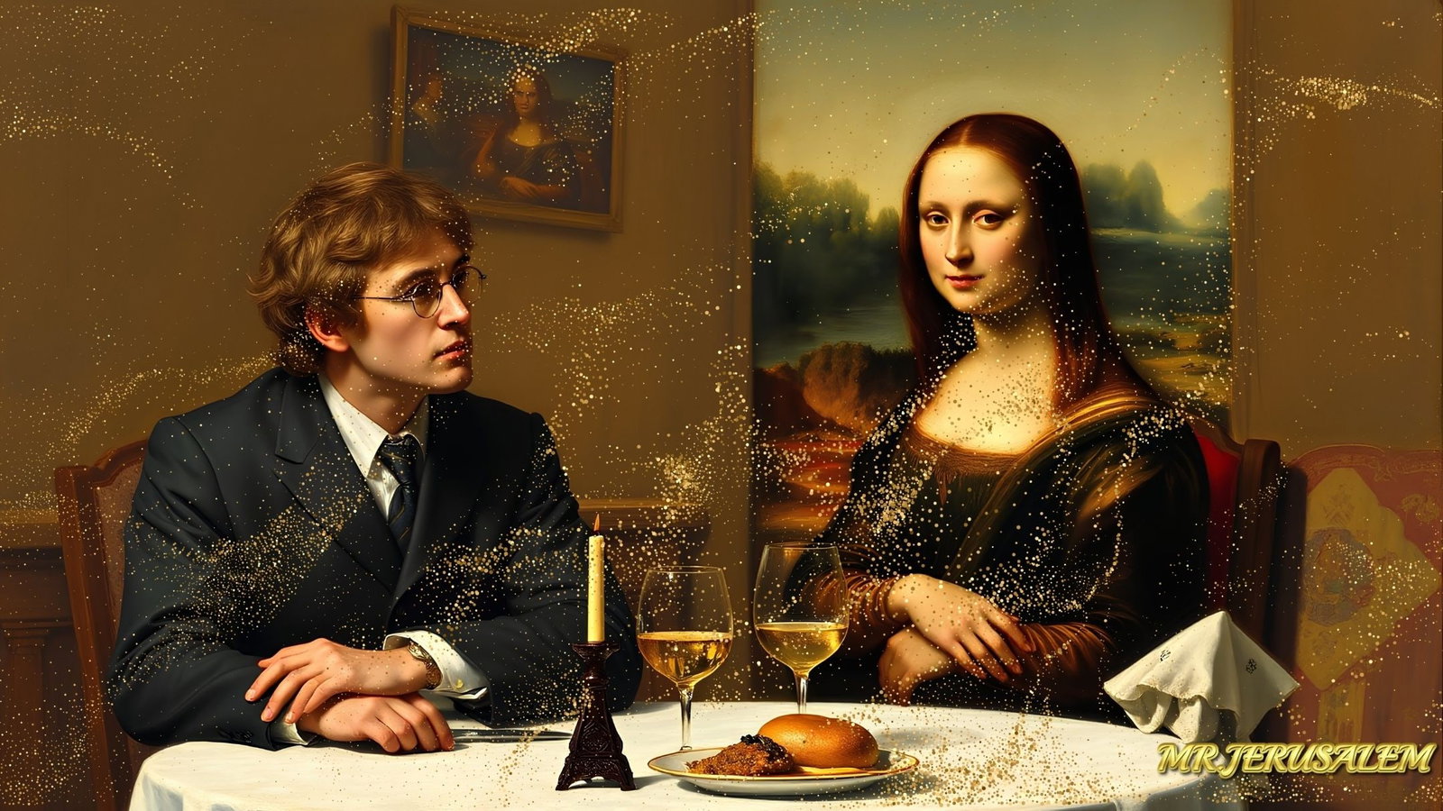 John Lennon - Dinner With Mona Lisa-D1, Limited Edition of 50 Pieces, Signed & Numbered: Please note the images you see here for the artworks is protected with artist name in gold & gold glitter watermark. The original artworks will be unique and one-of-a-kind, hand painted with glue 