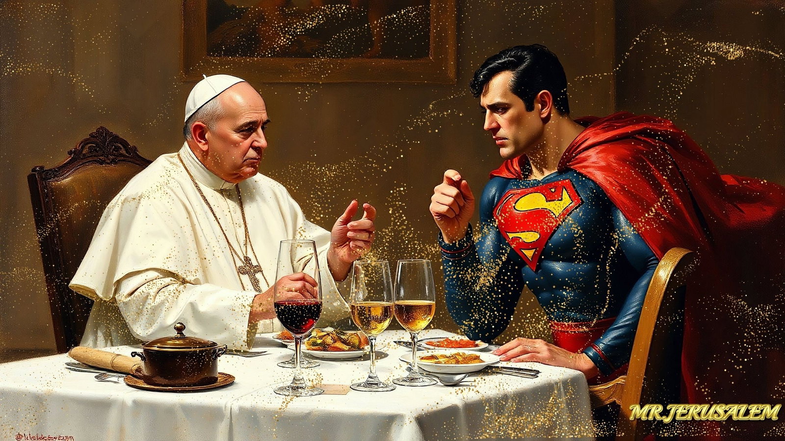 Pope Francis- Dinner With Superman, Mixed Media, Limited Edition of 50 Pieces, Signed & Numbered,: Please note the images you see here for the artworks is protected with artist name in gold & gold glitter watermark. The original artworks will be unique and one-of-a-kind, hand painted with glue